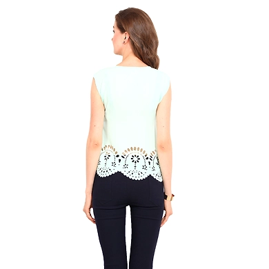 Albely Laser Cut Sleeveless Top Green Colour-XL-Green-2