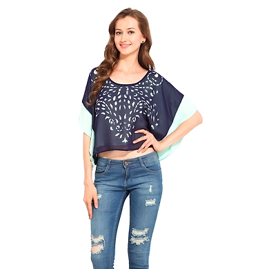 Albely Laser Cut Border Top Navy Colour-M-Navy-1