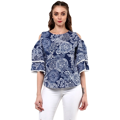 Albely Amilia Ruffle Sleeves Blouse Blue Printed Colour-ZP03-S