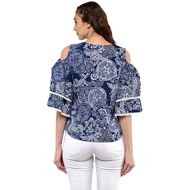 Albely Amilia Ruffle Sleeves Blouse Blue Printed Colour-M-Blue Printed-2