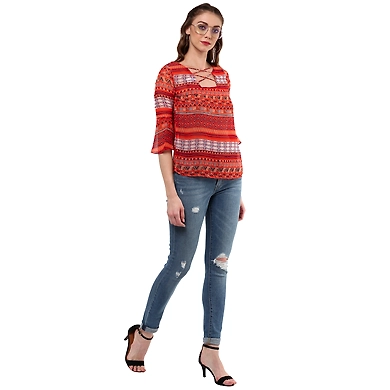 Albely Catrine Cris Cross Blouse Orange Printed Colour-S-Orange Printed-1