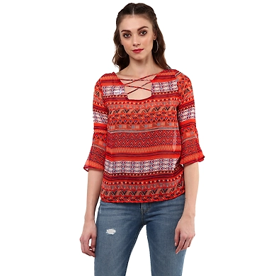 Albely Catrine Cris Cross Blouse Orange Printed Colour-ZP14-L