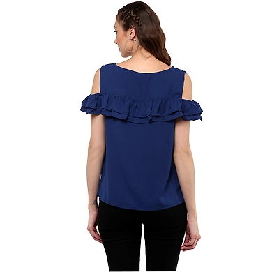 Albely Cloudine Cold Shoulder Blouse Blue Colour-S-Blue-2