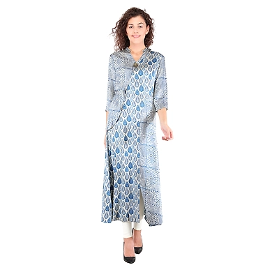 Women modal Printed Satin kurtis Indigo blue-K609-Indigo-XL