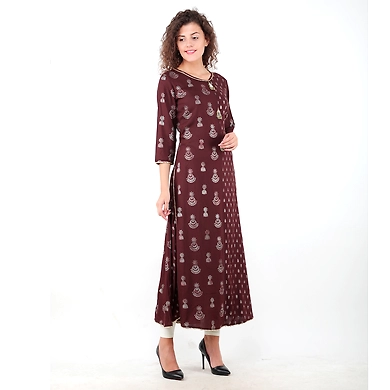 Women Block print kurti Coffee-L-Coffee-2
