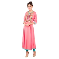 Women's Embroidered Falred Kurti Carrot-Carrot-M