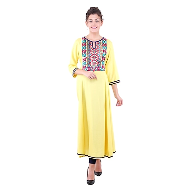 Women's Embroidered Falred Kurti Mustard-K413-Mustard-M