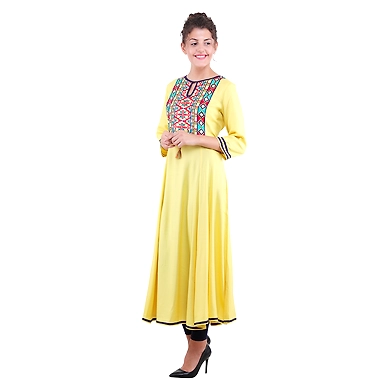 Women's Embroidered Falred Kurti Mustard-L-Mustard-2