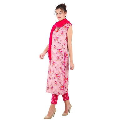 FFU Women's Casual Printed Kurti Set Fushia Pink-2XL-Pink-2
