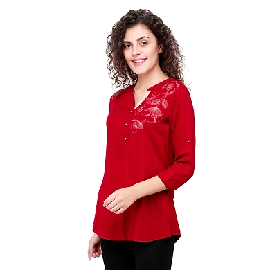 Casual 3/4 Sleeve Solid Printed Women's Tunic Mehroon-M-Mehroon-2