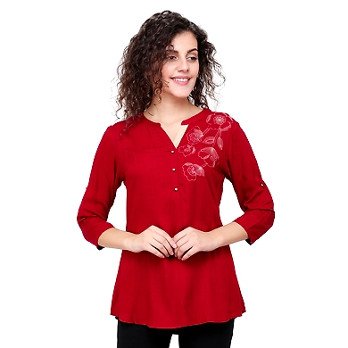 Casual 3/4 Sleeve Solid Printed Women's Tunic Mehroon-XL-Mehroon-1