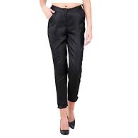 Women's Tussar Silk Trousers/Pants Black-Black -M