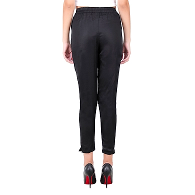 Women's Tussar Silk Trousers/Pants Black-2XL-Black -2