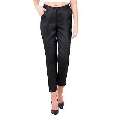 Women's Tussar Silk Trousers/Pants Black-3XL-Black -1