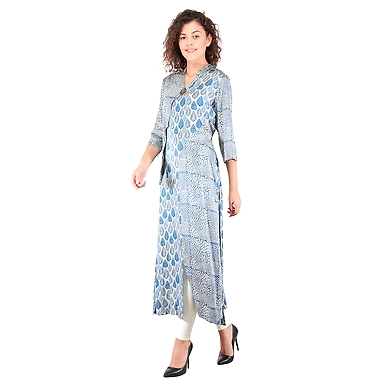 Women modal Printed Satin kurtis Indigo blue-Indigo blue-XL-2