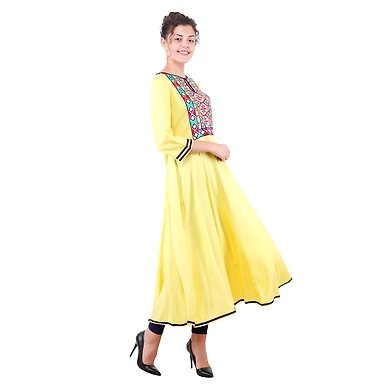 Women's Embroidered Falred Kurti Mustard-2XL-Mustard-1