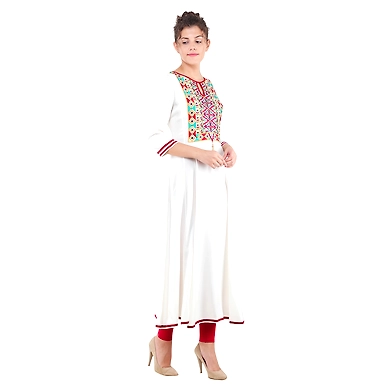 Women's Embroidered Falred Kurti Off-white-M-Off-white-2