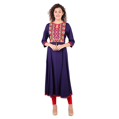 Women's Embroidered Falred Kurti Navy-FF-K413-Navy-M