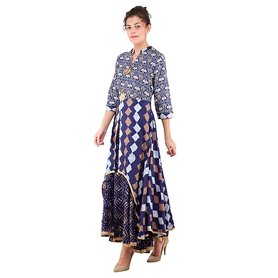 Women's Printed Kurtis Blue-Blue-XL-1