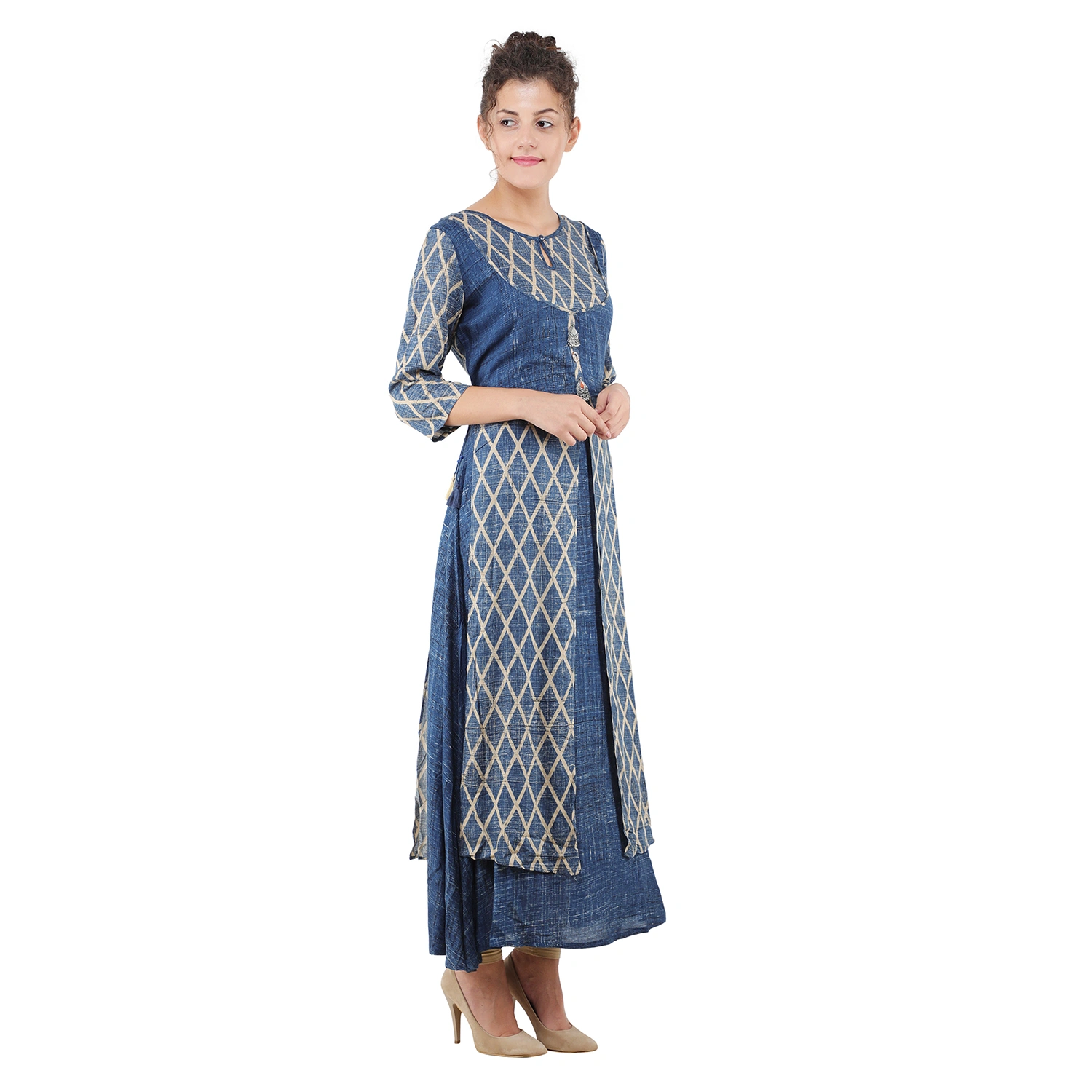 Buy Jaipur Kurti Women Navy Blue ZigZag Print Embroidered  Double Layered  Long Cotton Kurta with Palazzo Online