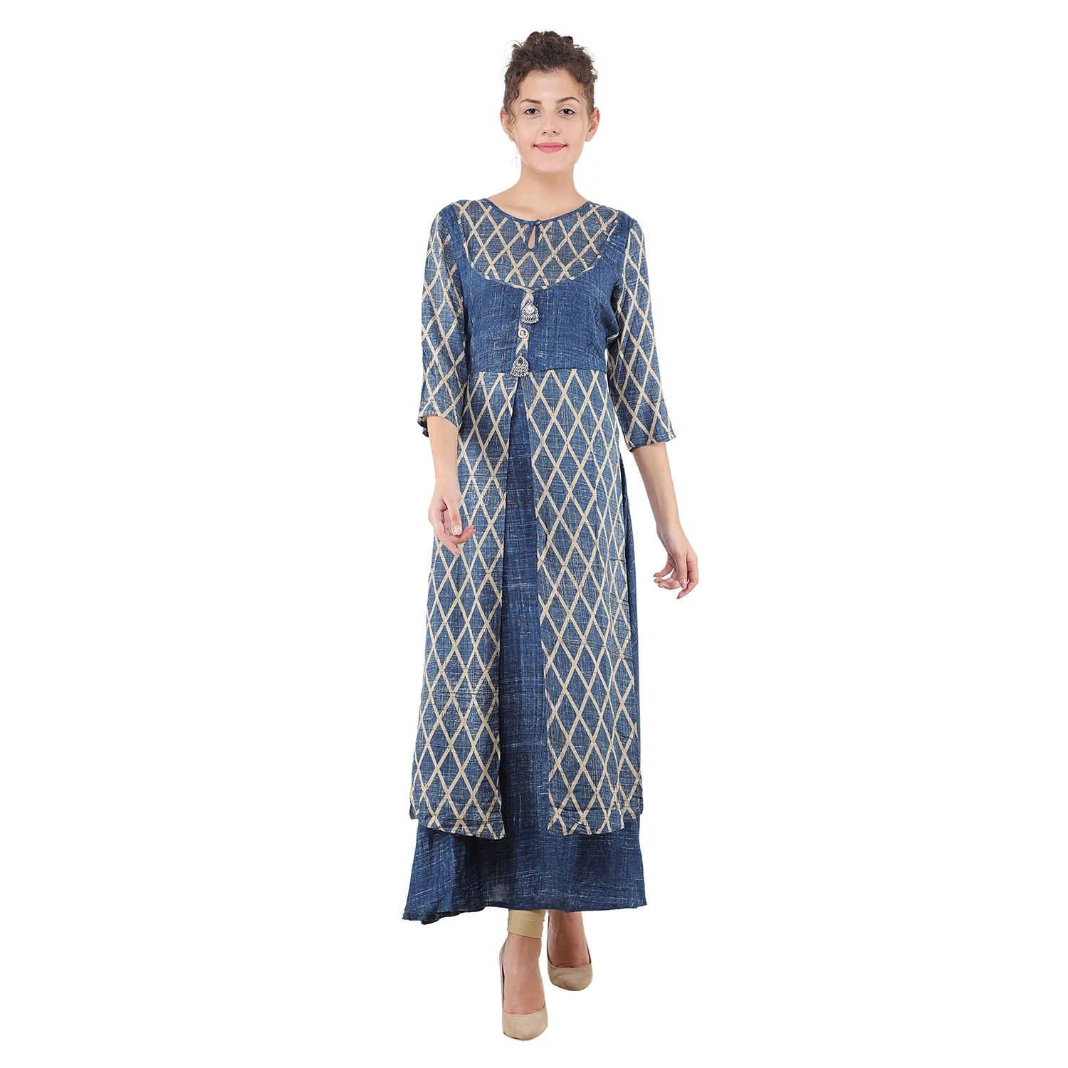 Multicolor Long Cotton Printed Double Layered Kurti - Indian