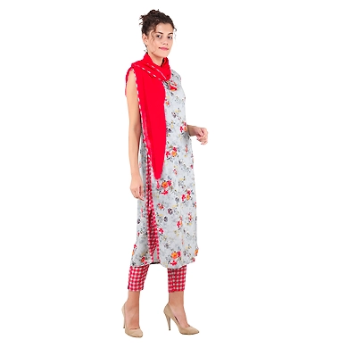 Women's Casual Printed Kurti Set Red-3XL-Red-2
