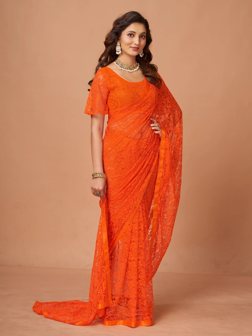 Fancy Designer Jacquard Saree-Orange-2