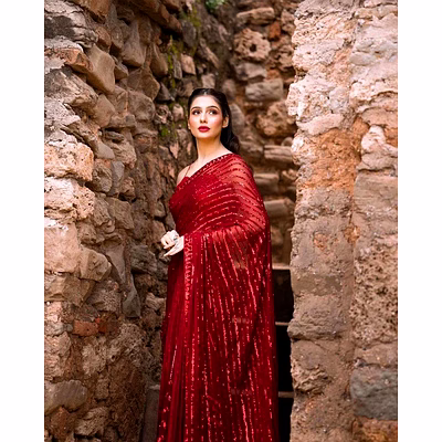 shiv red georgette saree with sequence work