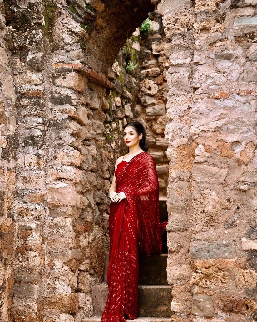 Red Faux Georgette Saree-2