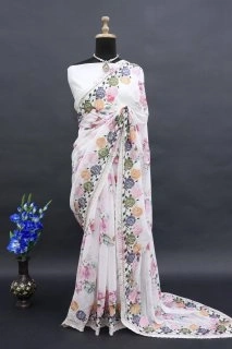 Elegant Digital Print Saree with Sequin Embroidery | Perfect for Special Occasions-White-3