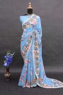 Elegant Digital Print Saree with Sequin Embroidery | Perfect for Special Occasions-Teal-3