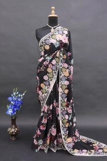 Elegant Digital Print Saree with Sequin Embroidery | Perfect for Special Occasions-Black-3