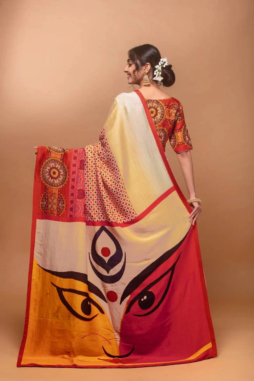 Navratri Saree: Crepe Silk Elegance-White-2