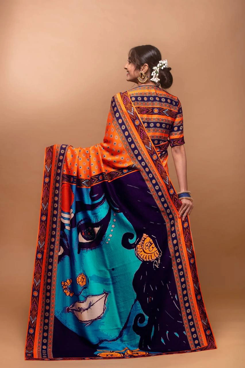 Navratri Saree: Crepe Silk Elegance-Orange-1