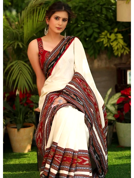 White Linen Digital Printed Saree - Elegant & Versatile