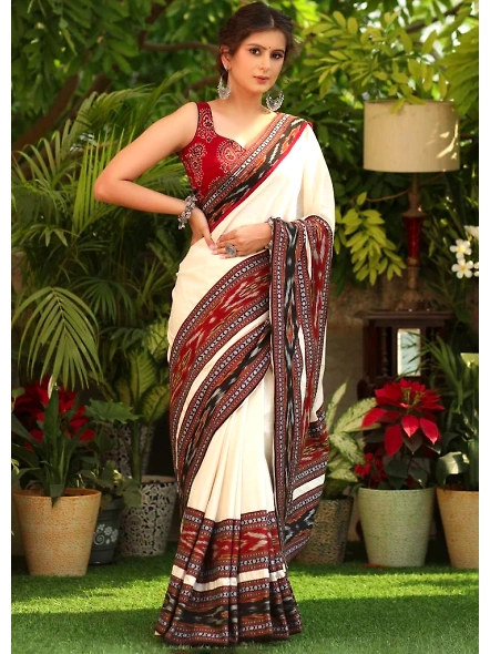 White Linen Digital Printed Saree - Elegant &amp; Versatile-White