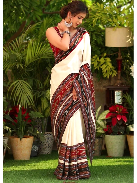 White Linen Digital Printed Saree - Elegant &amp; Versatile-White-3