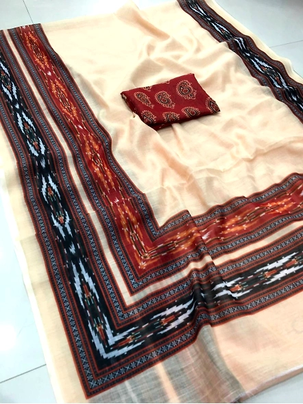 White Linen Digital Printed Saree - Elegant &amp; Versatile-White-4