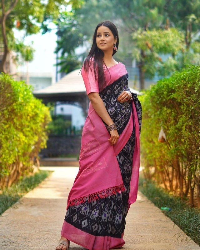 Pink Linen Saree with All-Over Digital Print - Elegant &amp; Comfortable-NT-566