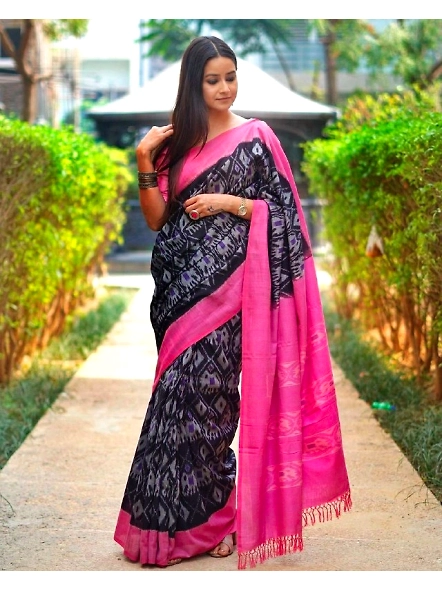Pink Linen Saree with All-Over Digital Print - Elegant &amp; Comfortable-Pink-1