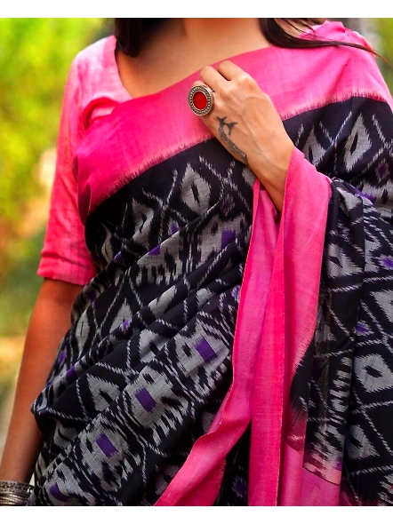 Pink Linen Saree with All-Over Digital Print - Elegant &amp; Comfortable-Pink-2