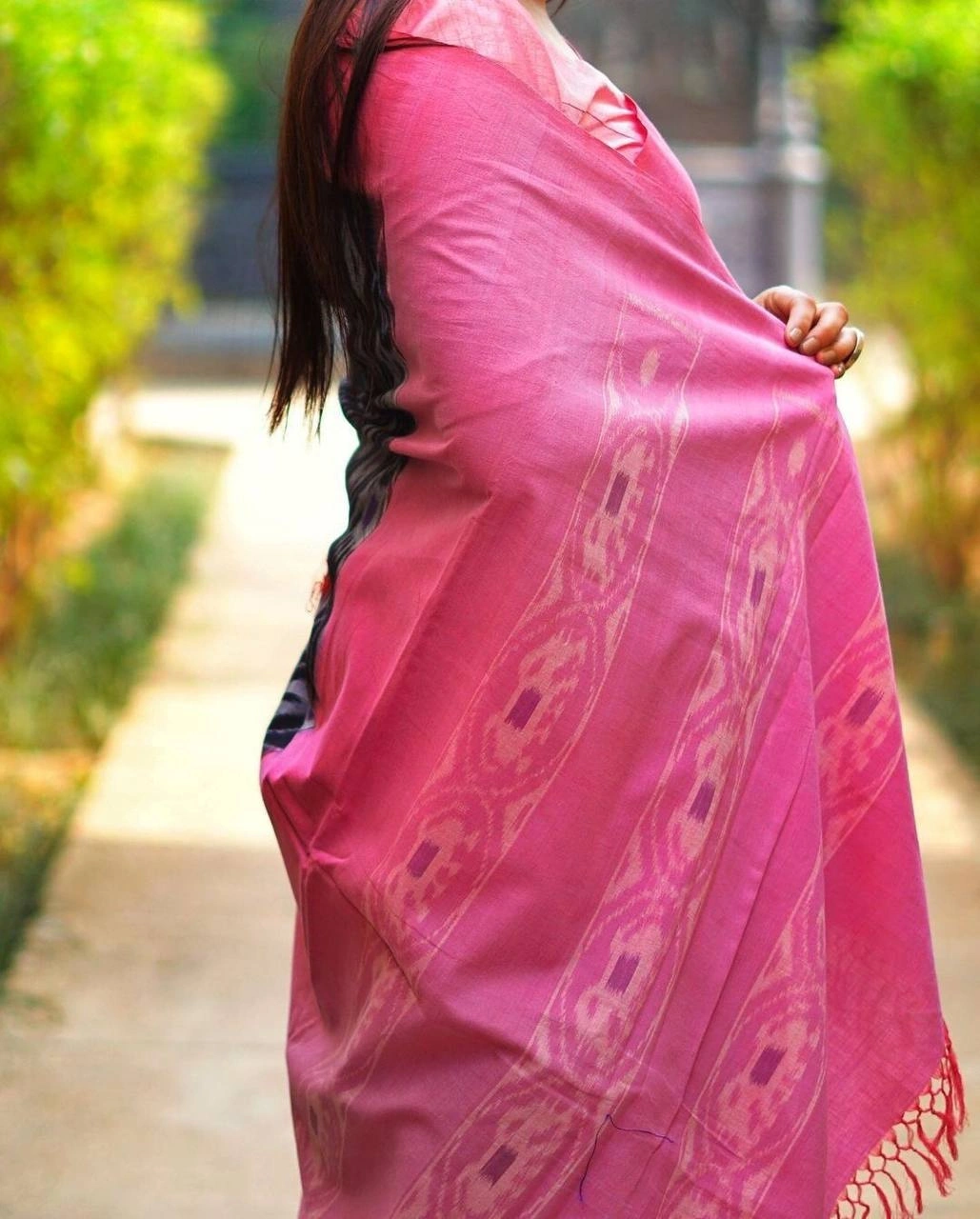 Pink Linen Saree with All-Over Digital Print - Elegant &amp; Comfortable-Pink-3