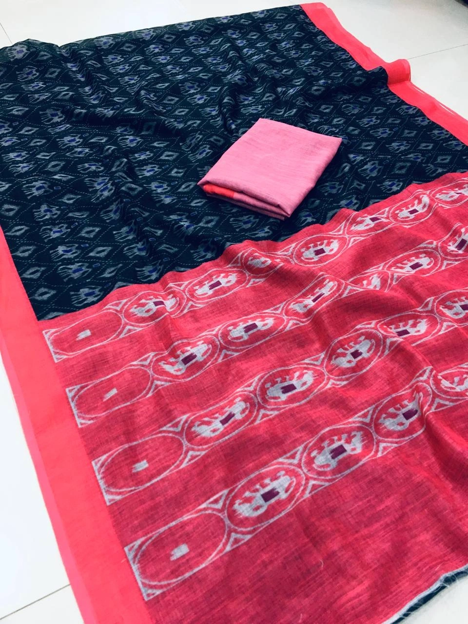 Pink Linen Saree with All-Over Digital Print - Elegant &amp; Comfortable-Pink-4