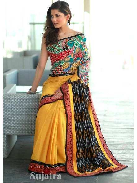 Pure Plain Linen Yellow Saree With Digital Print