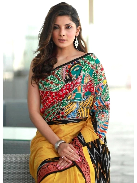 Pure Plain Linen Yellow Saree With Digital Print-Yellow
