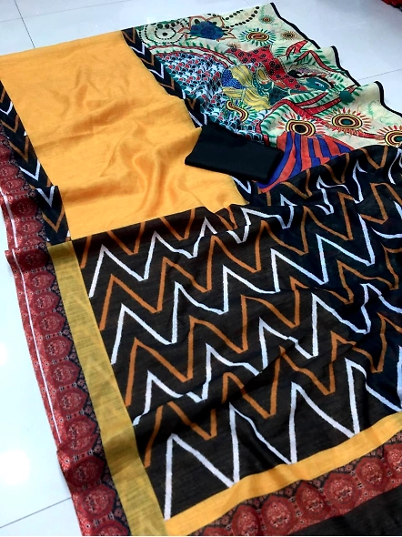 Pure Plain Linen Yellow Saree With Digital Print-Yellow-2