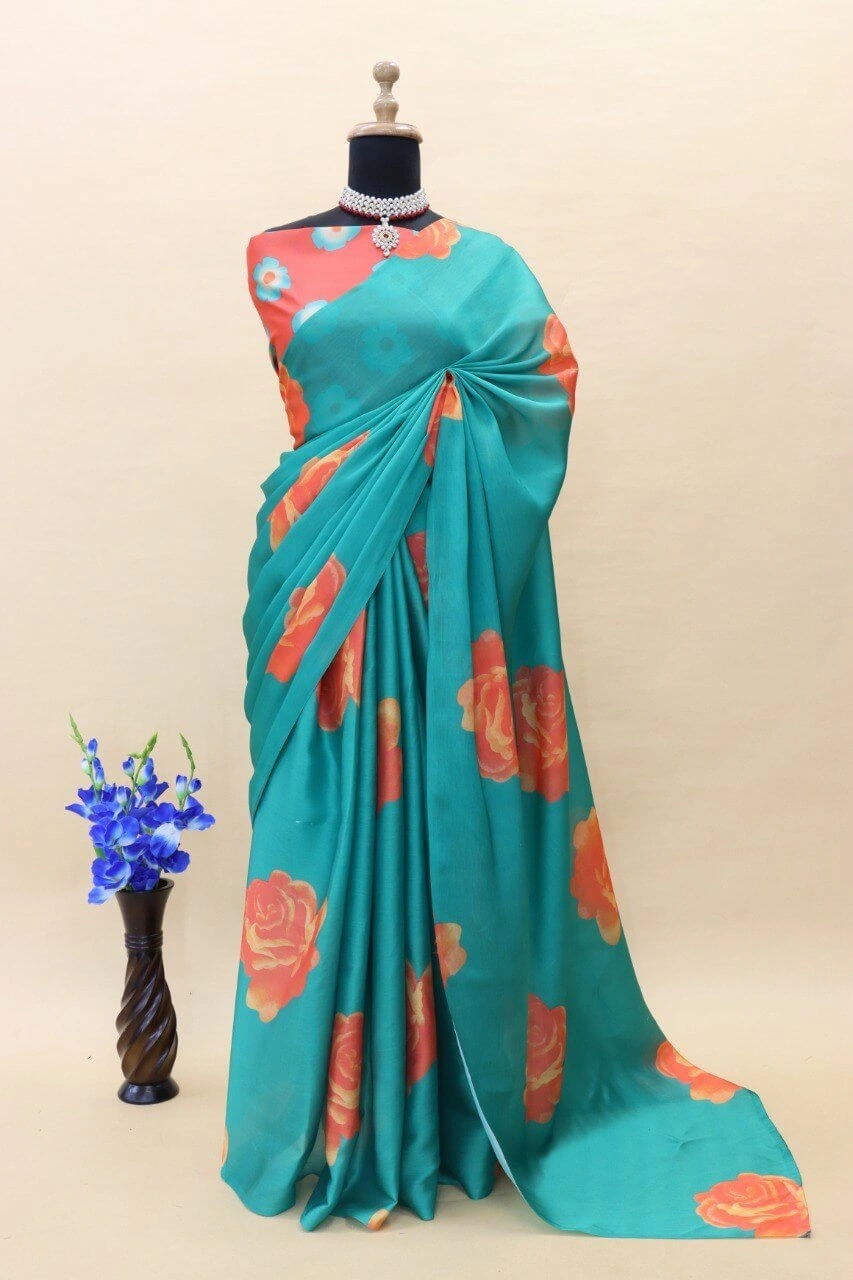 Deepika Padukone Floral Printed Sarees | Elegant Bollywood-inspired Ethnic Wear-Cyan-4