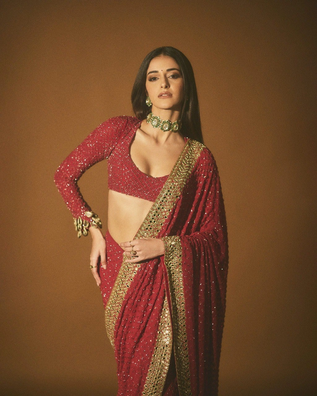 Designer Georgette Red Sequin Saree For Karwa Chauth-1