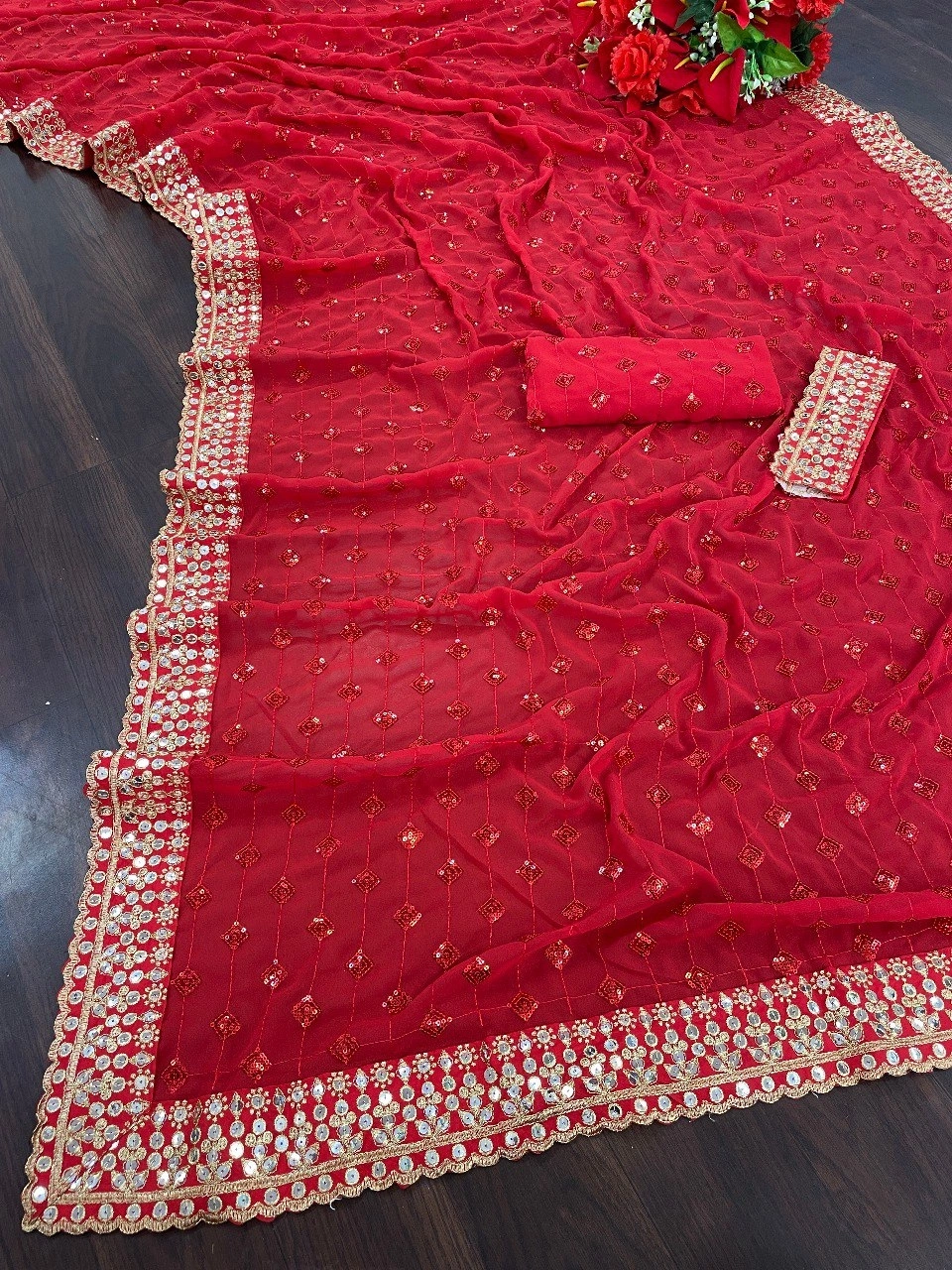 Designer Georgette Red Sequin Saree For Karwa Chauth-3
