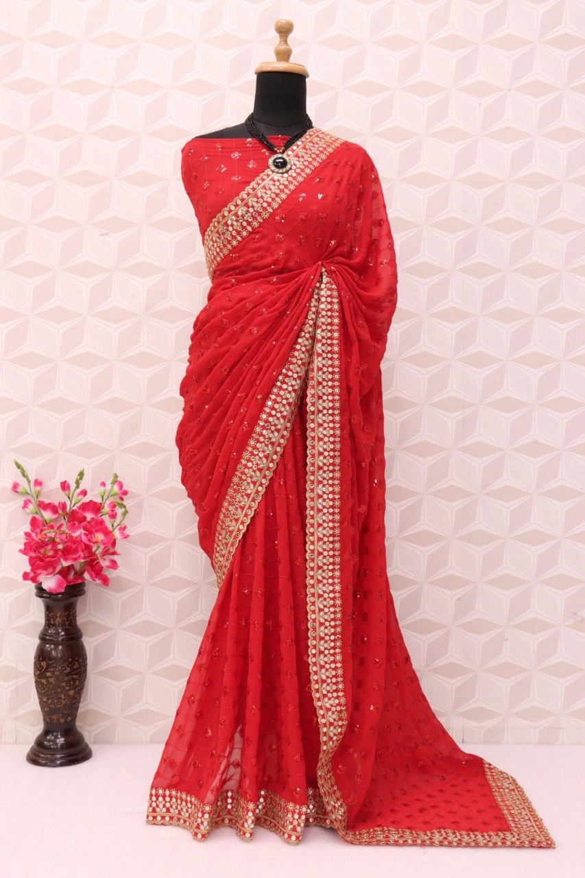 Designer Georgette Red Sequin Saree For Karwa Chauth-4